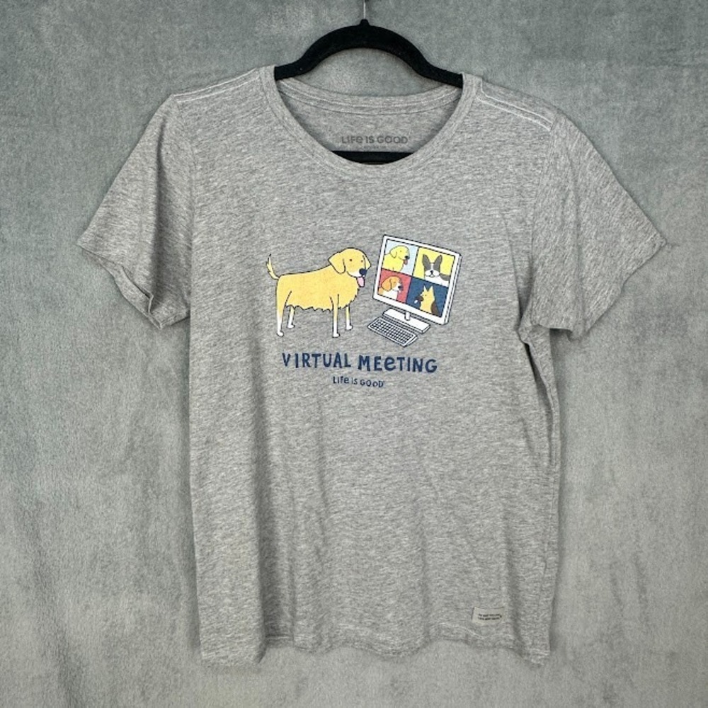 Life Is Good Tshirt Womens Medium Gray Short Sleeve Crusher Tee Dog Virtual Meet